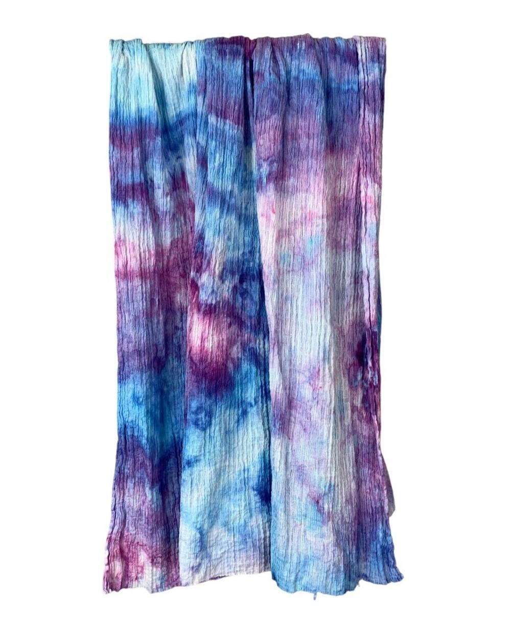 Hand Dyed Blue Purple Cotton Scarf Crinkle Gauze Oversized Boho Reworked REEEGAN